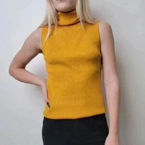 Ribbed Sleeveless Smocked Mock Neck Sweater - S